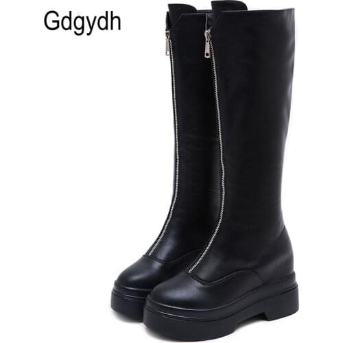 Gdgydh Fall Thick Sole Knee High Boots Women Front Zipper Height Increasing Winter Footwear Women Platform Heels High Quality