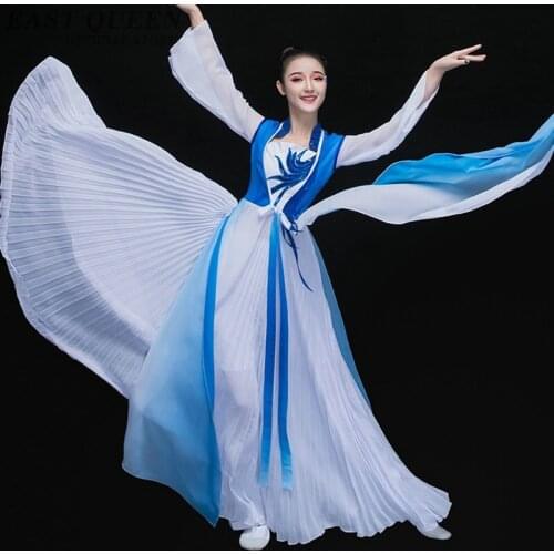 Chinese Folk Dance Gradient Chinese Fan Dance Costume Billowing Dance Costumes National Dancing Costumes XXL FF002 YQ