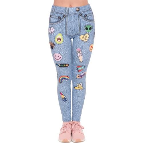 Fashion leggins mujer Light Blue Jeans With Patches Printing legging sexy feminina leggins fitness Woman Pants workout leggings