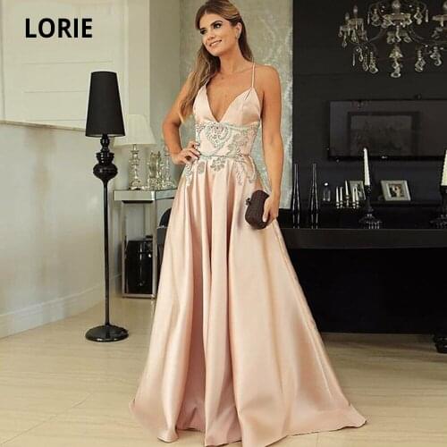 Lorie Champagne Satin with Beads Prom Dresses for Women Formal Evening Dress with Sleeveless V-neck Backless Party Gowns 2020