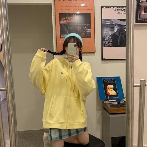 Cute Autumn Warm Yellow Sweatshirts Jacket Zipper Hoodie Women Loose Girl Hooded Tracksuit Female Autumn Black Thin Basic Tops