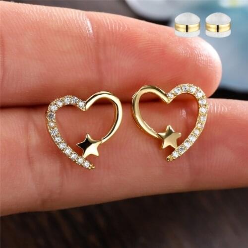 Fashion Gold Color Crystal Stone Earring Vintage Hollow Love Heart Stud Earrings Cute Star White Zircon Small Earrings For Women