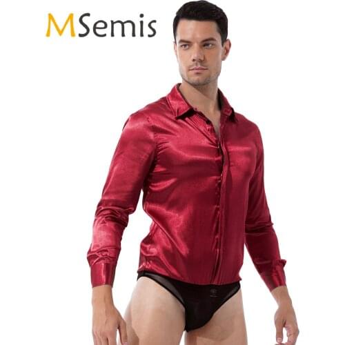 Mens Lingerie Bodysuit Turn-down Collar Coveralls Sleepwear Button Down Long Sleeve Satin Jumpsuits for Nightclub Stage Show