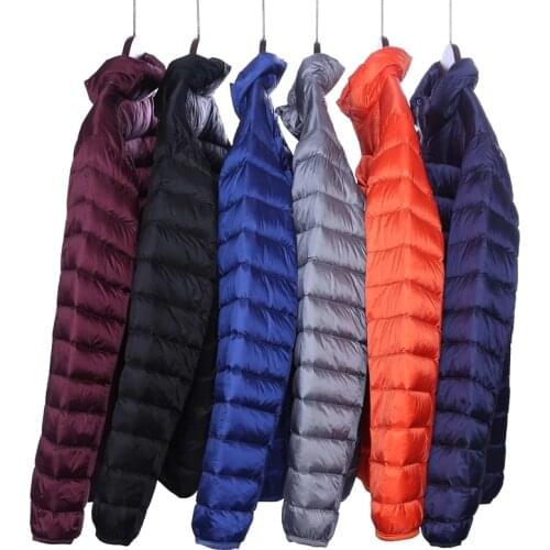 New High-end Warm Fashion for Men Feather Hooded Down Jacket Pure Color Boutique Mens Hooded Down Coat Thin Light Jackets 5XL