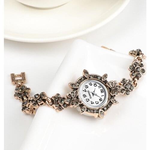 Charm Turkish Women Watch Link Bracelet Antique Gold Gray Crystal Bohemia Ethnic Wedding Bridal Vintage Jewelry Reloj Mujer