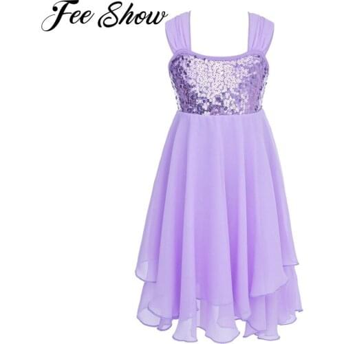Girls Chiffon Sequins Adjustable Shoulder Straps Ballet Dance Gymnastics Leotard Dress SZ 2-10Y