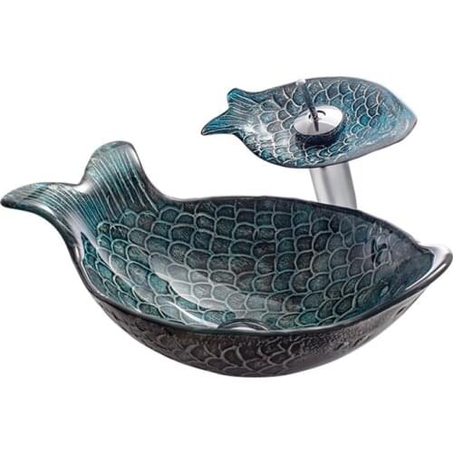 Bathroom Art Basin Countertop Washroom Vessel Sink Hand Wash Basin Hotel Tempered Glass Basin Sink Waterfall Faucet Washbasin