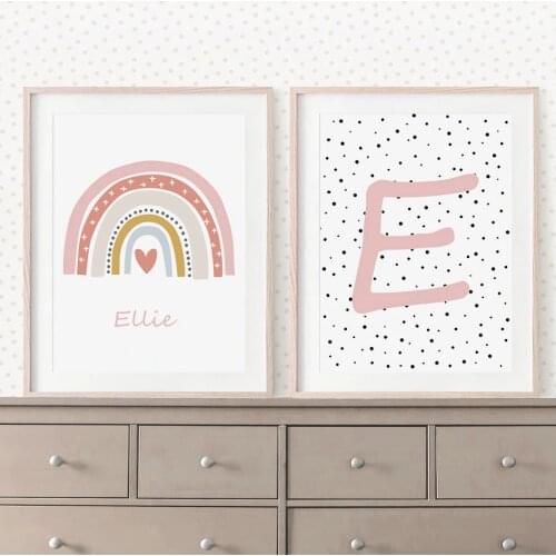 Pink Rainbow Custom Name Initial Nursery Girls Canvas Paintings Poster Print Wall Art Picture Gift For Baby Bedroom Home Decor