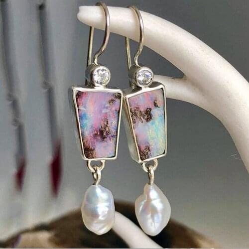 New Color Opal Stone Freshwater Pearl Earrings Wedding Engagement Jewelry Retro Baroque Pearls Dangle Earring