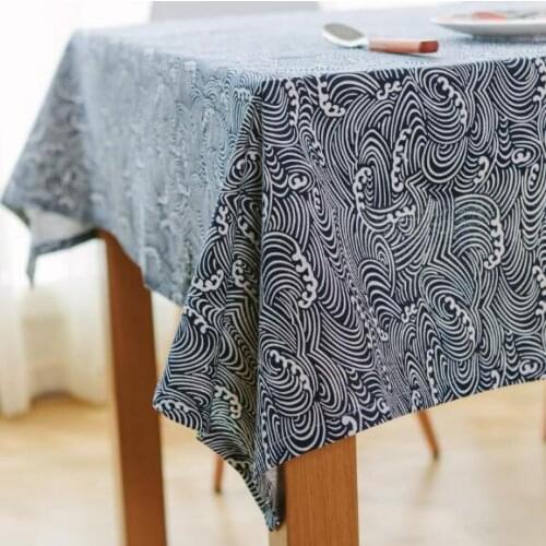 Cotton Linen Table Cloth Rectangular Party Banquet Home Kitchen Tablecloth Navy Blue Wave Pattern Coffee Table Cover Towel Nappe