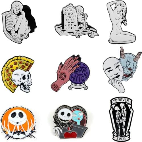 Punk Gothic Skull Brooch Enamel Pin Rib Pizza Skeleton Brooches&Pins Happy Halloween Jewelry Backpack Clothes brooch pin Gift