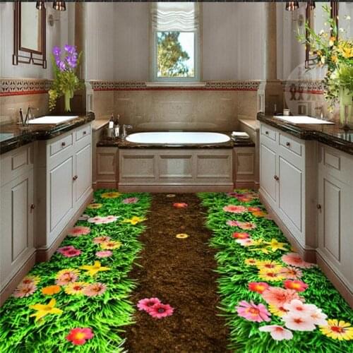 Wellyu Fresh green grass flower garden bathroom 3D floor custom large fresco pvc thick waterproof wearable floor stickers