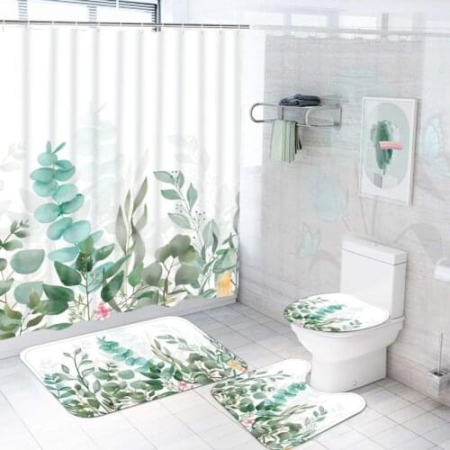 Green Plants Shower Curtains Set Bathroom Waterproof Shower Curtain 3D Leaves Bath Curtain Anti-skid Rugs Toilet Lid Cover Decor