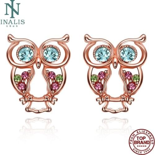 INALIS Czech Drill Stud Earrings For Women Fashion Ideas Owl Shape Rose Gold Plated Earrings Anniversary Fine Jewelry Hot Sale