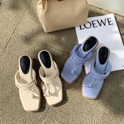 Slipper Womens Semi-High Heeled 2020 Summer Split Toe Narrow Combination Chunky Heel Flip-flops French Sandals Fashion