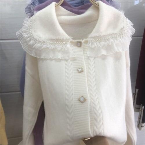 Women Autumn Ruffle Lace Collar Patchwork Knitted Cardigan Coat 2020 New Single-breasted Long Sleeve Solid Color Knit Sweater
