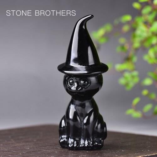 1PC Natural Crystal Black Obsidian Healing Quartz Set Wicca Stone Figurine Carved Craft Cat Art Home Decoration Gift