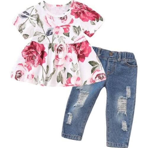 2021 2Pcs Toddler Ruffle Outfits Short Sleeve Floral Girls Shirt Tops + Denim Pants Ripped Jeans Baby Girl Clothes Sets