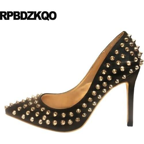 Big size black gold heels for women 12cm 5 inch 8cm pointed toe exotic dancer pumps stiletto stud dress fetish rivet denim high