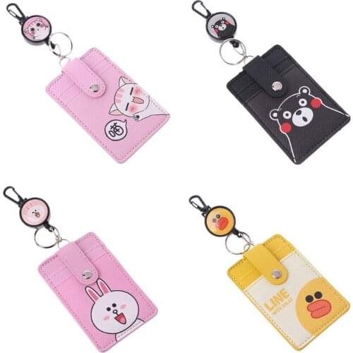 Cartoon PU Leather Business ID Credit Card Case Badge Holder Anti-lost Retractable Keychain