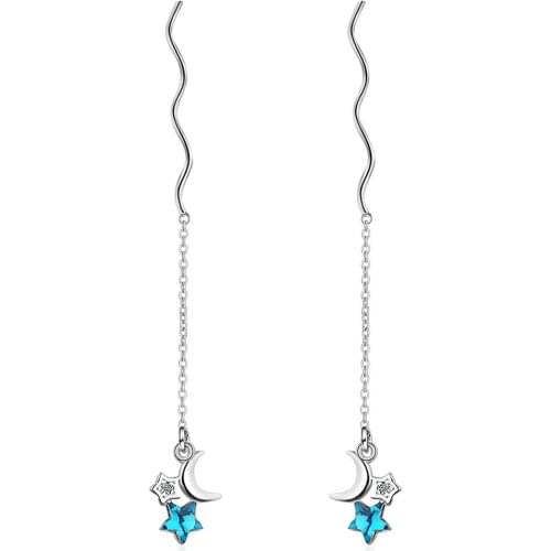 Sweet Blue CZ Zircon Moon Star Long Drop Earrings for Women Girl Party Gift 925 sterling silver Tassel Ear line Earring