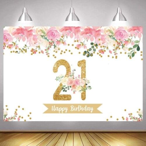 21th Photo Backdrop Girls Happy Birthday Party Custom Flower Rose Gold Decoration Photography Backgrounds Banner