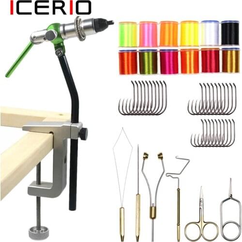 ICERIO Fly Tying Tool Set-Fly Tying Vise/Whip Finisher/Bobbin Holders/Bobbin Threader/Scissors/70D Thread Barbless Czech Hook