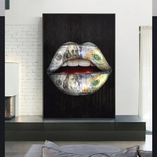 Graffiti Art Money on Mouth Inspirational Canvas Art Posters And Prints Lips Canvas Paintings Street Wall Art Picture Home Decor