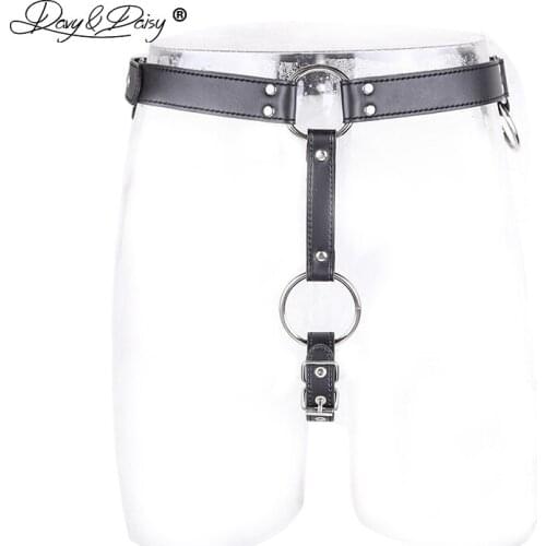 DAVYDAISY Men Chastity Belt Metal Rings Panties PU Leather Gay Fetish Thongs Sexy Lingerie Exotic Briefs Male Underwear UN529