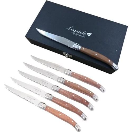 6pcs 9inch Japanese Flatware Wood Handle Knives Laguiole Style Stainless Steel Steak Knifes Dinner set Western Restaurant Supply