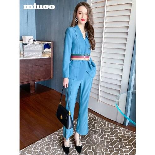 Sassy Lapel waist down suit coat+High waist micro flared pants suit womens spring new High Quality Top Quality