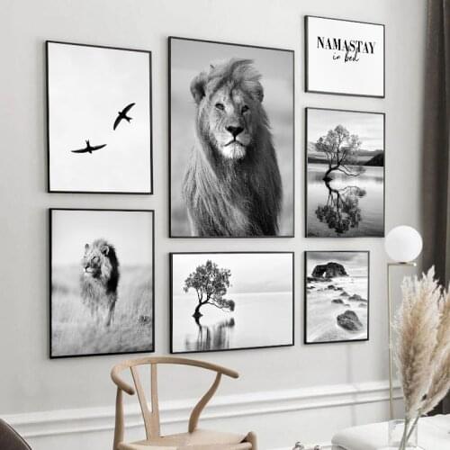 Black White Lion Bird Wall Art Poster Scandinavian Nature Tree Landscape Canvas Painting Nordic Print Modern Picture Home Decor