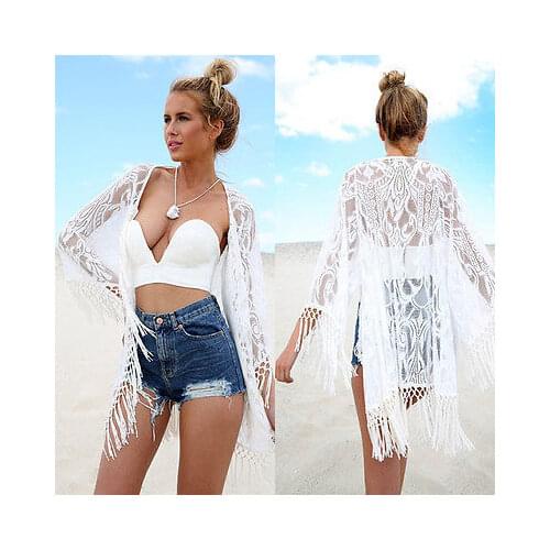 2017 New Womens Summer Lace Tassel Crochet Bikini Cover Up Beach Top Kaftan Caidigan Beach Swimsuit Cover Up Beach Dress