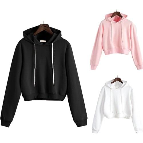 New Women Plain Hoodies Crop Top Solid Color Long Sleeve Ladies Hooded Pullover Summer Autumn Fashion Girl Sweatshirts Clothing