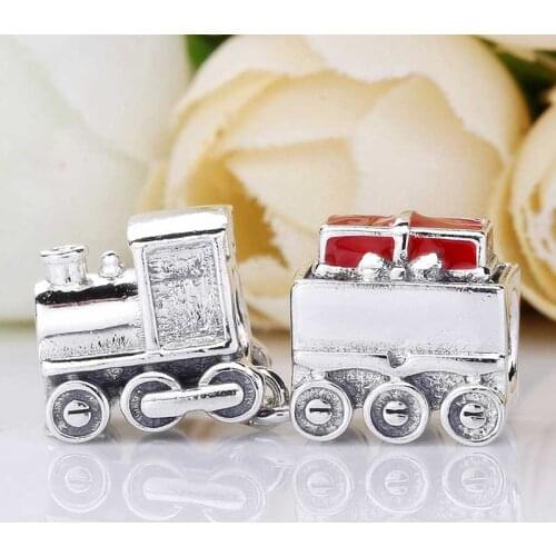 Original Red Enamel Christmas Train With Gift Box Beads Fit 925 Sterling Silver Bead Charm Bracelet Bangle Diy Jewelry