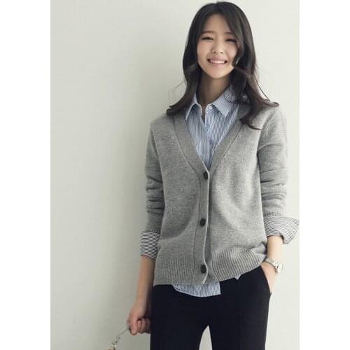 Deep V-Neck Autumn Womans Knit Cardigans Solid Long Sleeve Female Sweater with Buttons Office Ladies Style Cardigan for Outwear