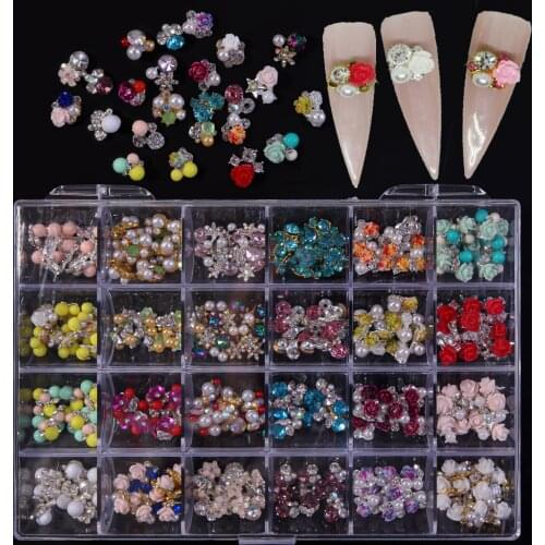 240pcs Rose Flower Nail Jewelry /floral nail art charm 24 Designs Size Charms Flowers Nail Jewelry in Crystal Rhinestone,(kgyh)