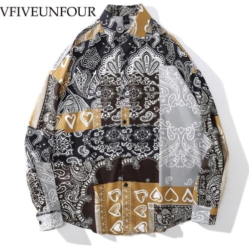 VFIVE UNFOUR Streetwear Shirts Hip Hop Heart Bandana Paisley Pattern Print Shirt Vintage Casual Loose Outerwear Button Tops
