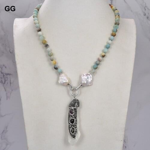 GuaiGuai Jewelry Multi Color Amazonite White Keshi pearl Necklace Quartz Druzy Pendant 25"