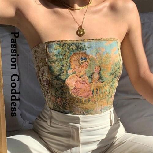 Vintage Cute Women Oil Painting Tube Top Slim Strapless Back Lace-up Bandage Vest Off Shoulder Bustiers Femme Y2K Crop Tops 2021