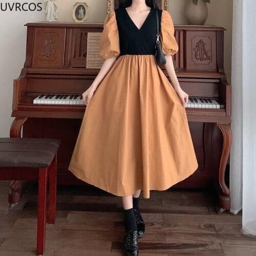 Korean Style V-neck Leisure Dress Women Fashion Elegant Fairy Dress New Vintage High Waist All-match A-line Dresse Party Wedding