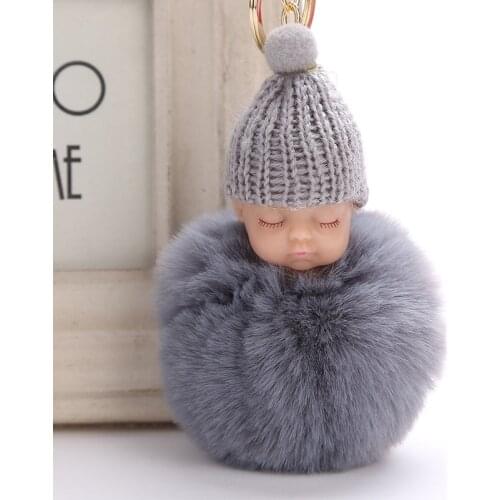 2017 Cute pompom keychain Sleeping Baby key chain fluffy fake rabbit fur ball women car bag pompon key ring pom pom holder Gift