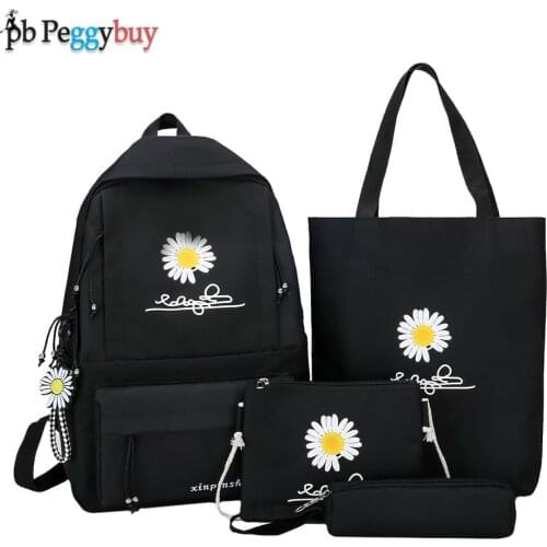 4pcs/Set Preppy Style Daisy Print Backpacks Canvas School Rucksack Teenager Girls Travel Mochila Shoulder Bag Student Pen Clutch
