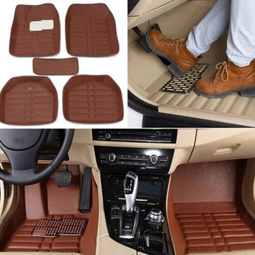 5Pcs brown red PU Leather Mat Auto Anti Slip Carpet Universal Car Floor Leather Front Rear Liner Easy Clean Waterproof