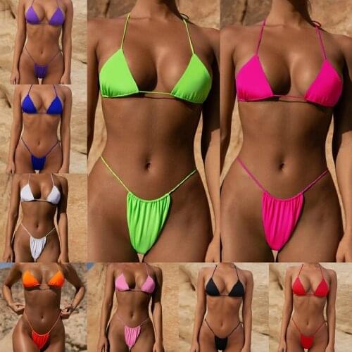 Lace-up Bikini Sexy Solid Color Swimming Trunks Split Womens Hot Wild Swimsuit 2020 Popular European and American New Low Waist