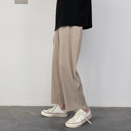 Spring Casual Pants Men Solid Color Lightweight Straight Wide Leg Drawstring Elastic Waist Ankle-Length Trousers Fashion Male