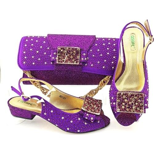 Colorful Crystal Special African 2021 High Quality Decoration Itlaian Design Women Shoes and Bag Set in Purple Color for Party
