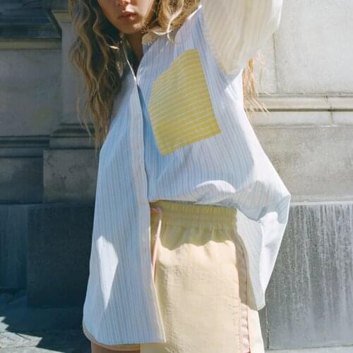 Ladies Striped Printed Shirt Long Sleeve Splicing Top Casual Loose Office Work Wear Female Career Blouse