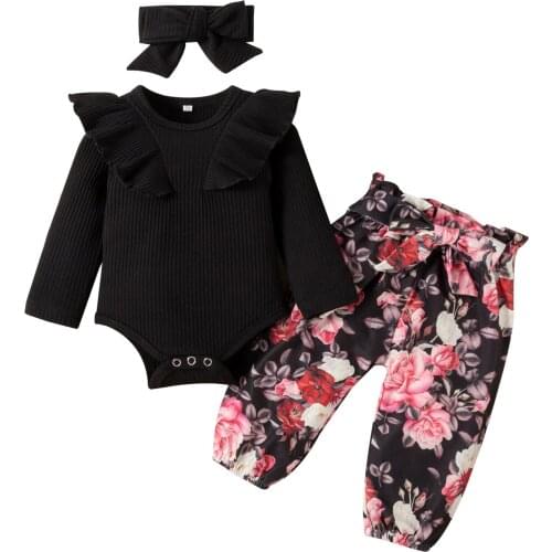 Newborn Baby Girl Clothes Set Solid Ruffle Bodysuit Tops Floral Printed Pants Bow Headband Spring Autumn Baby Outfit