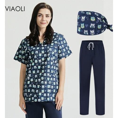 Multicolor Health check work Wear Cotton Spa Uniforms pet grooming Scrubs Tops Beauty Salon Uniform cartoon Print Scrubs Shirts